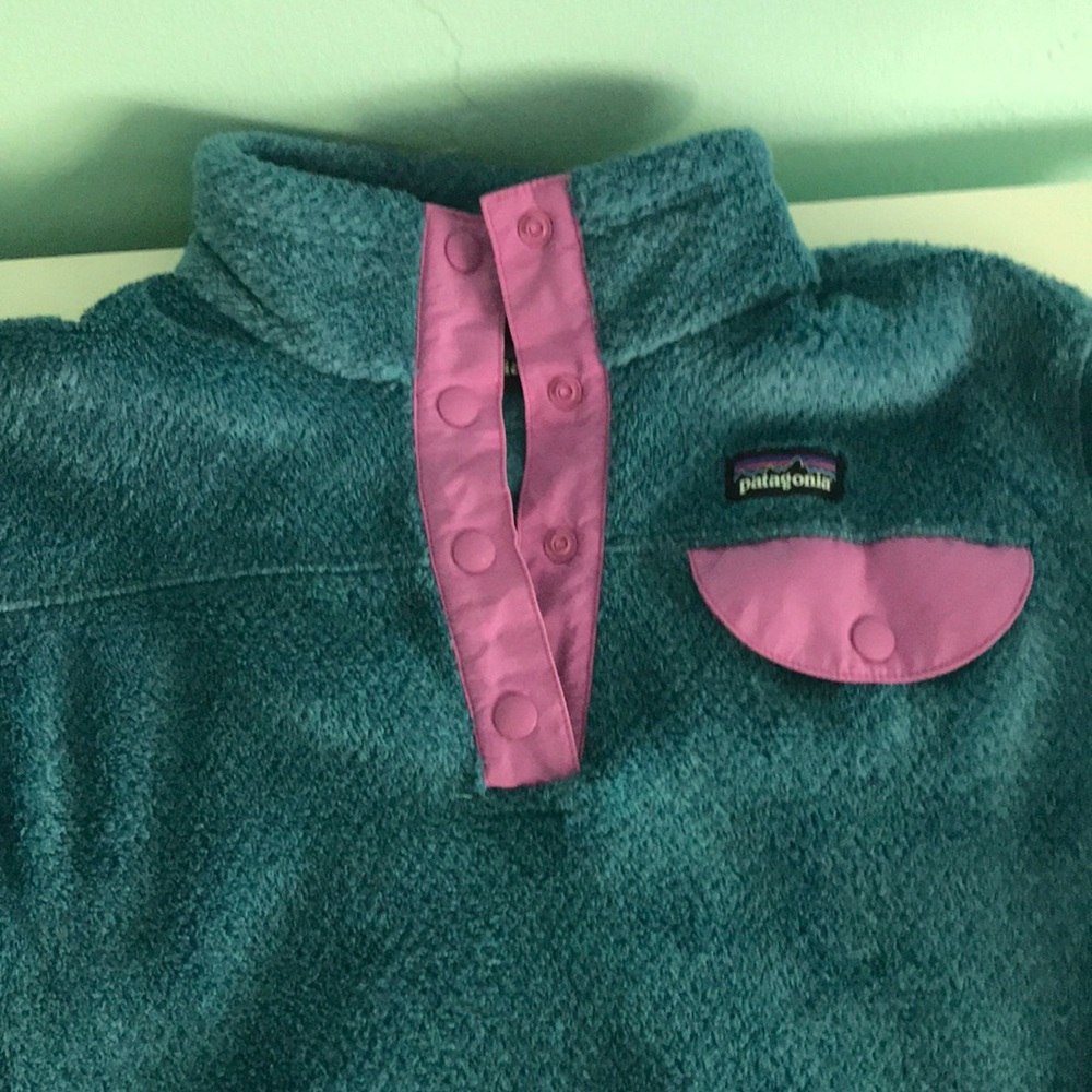 Patagonia Teal and Pink Kids Snap Fleece Pullover